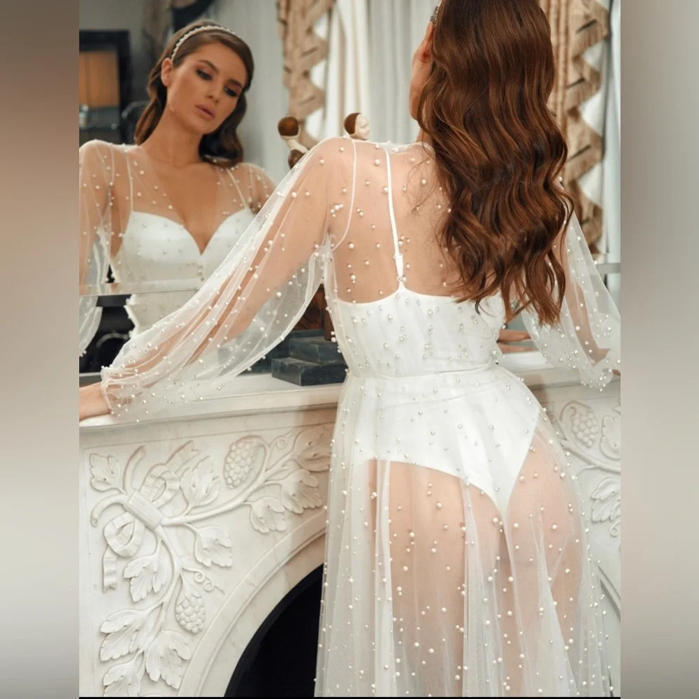 Sheer Robe Wedding Robe with Pearls Lace - Picture 3 of 3